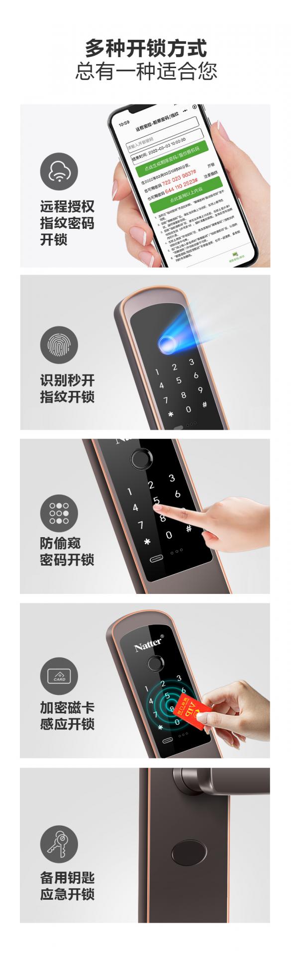 这是一张Natter品牌智能门锁的功能展示图，主体为黑色玻璃面板搭配古铜色边框的电子锁。图片详细演示了五种开锁方式：通过手机APP远程授权生成临时密码或指纹、指