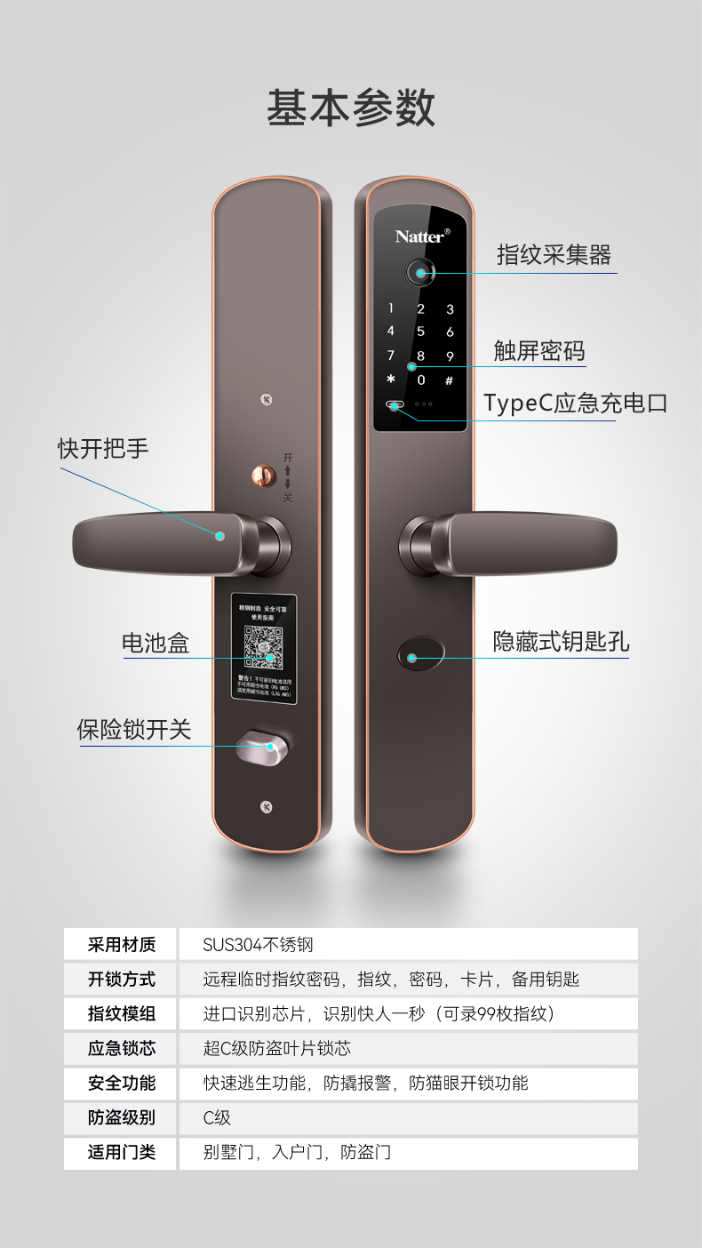 Natter智能门锁参数图。采用SUS304不锈钢材质，深古铜色，C级防盗。支持指纹、密码、卡片及钥匙开锁，进口芯片秒级识别。外侧设触屏密码、Type-C充电口